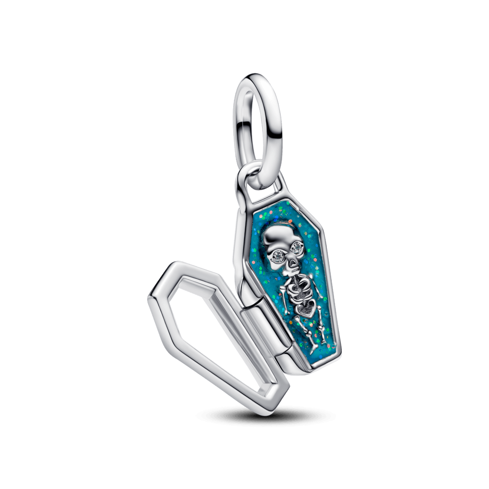 charm prata esqueleto e caixão brilha no escuro