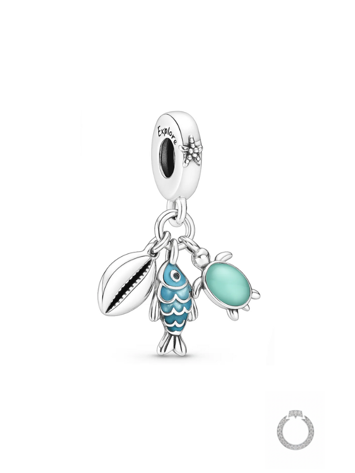 berloque charm peixe, tartaruga marinha e concha