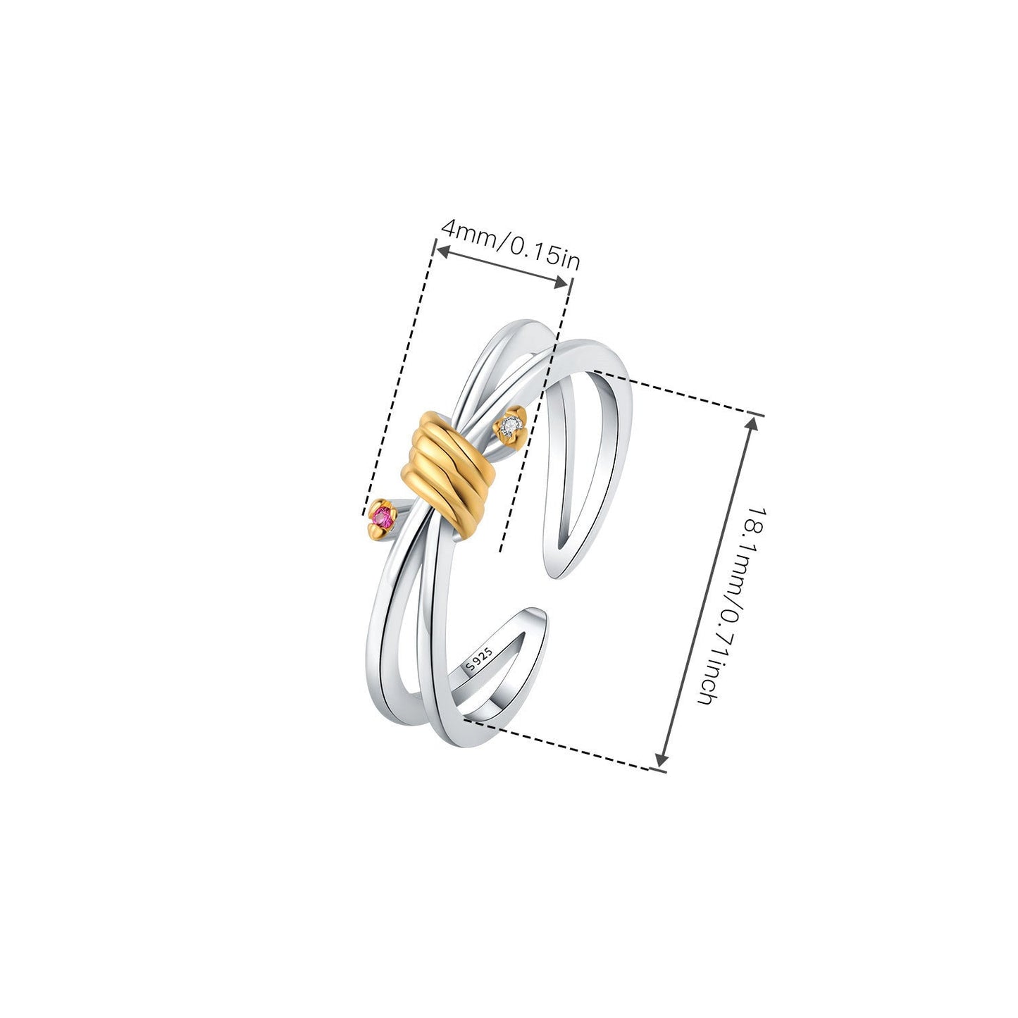 anel laço de ouro e prata