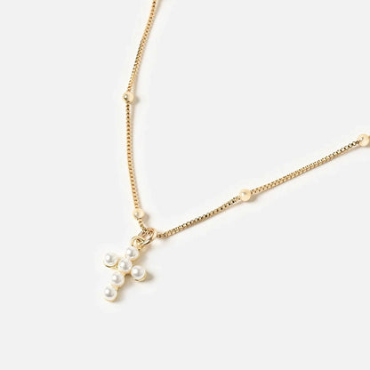 Colar Dourado Cruz de Pérolas
